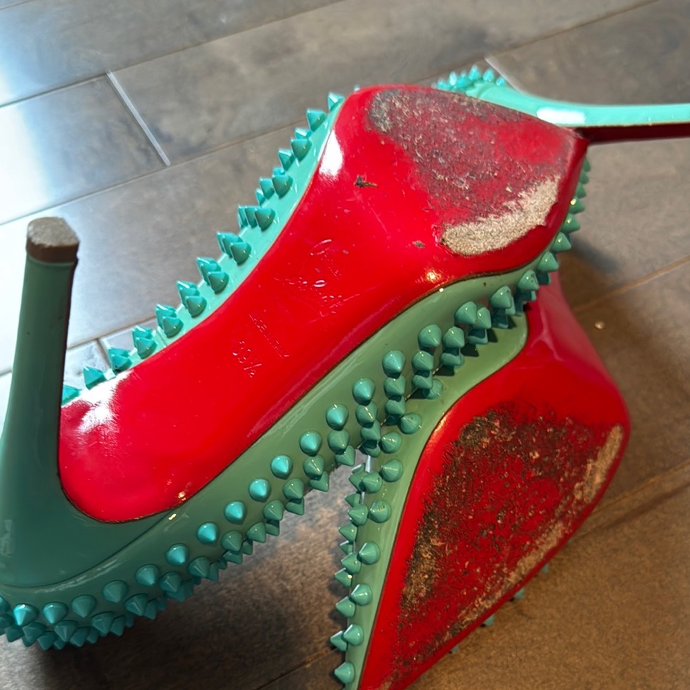 Christian Louboutin Women's Spiked Turquoise Heels - Picture 4 of 9
